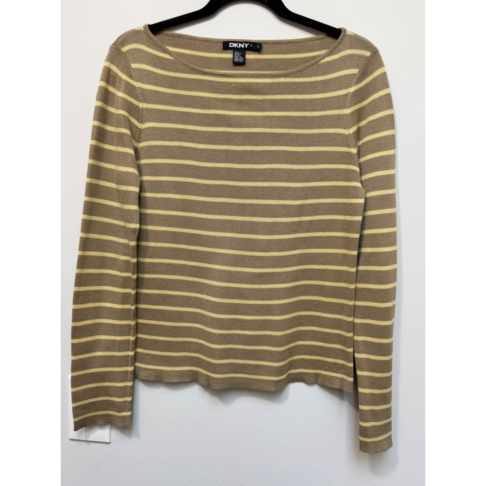 Vintage DKNY Womens L Striped Cotton Sweater Boat Neck Brown Yellow Y2K